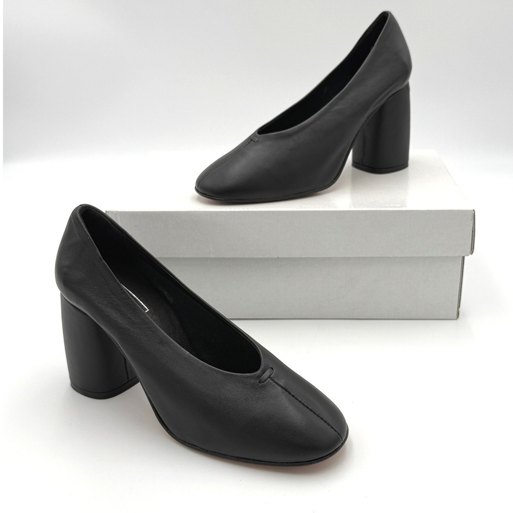 ETHEM Dresser Nappa Black Leather Block Heel Pumps Size 37